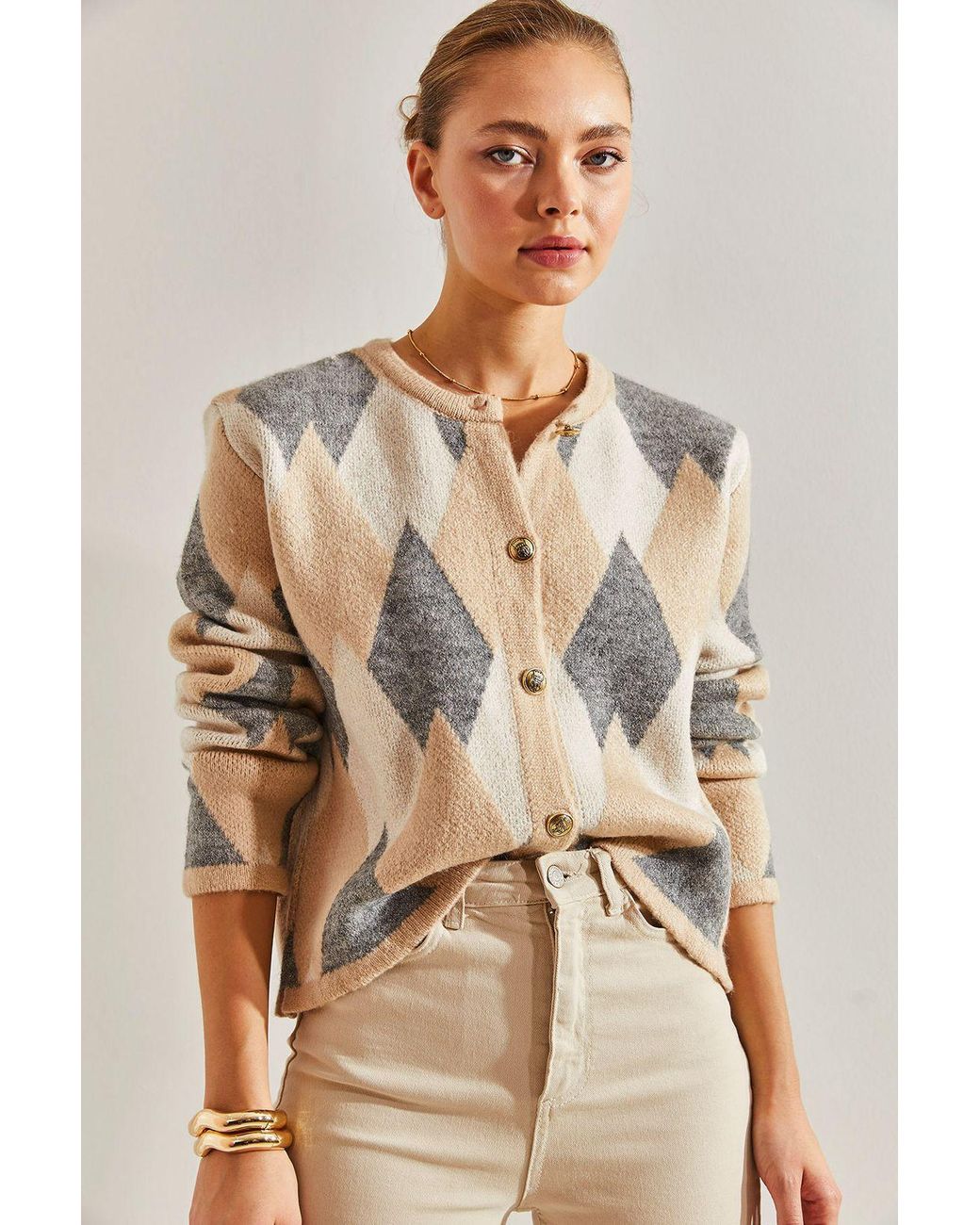 Bianco Lucci Natural Geometric Knitwear Button-Up Crop Cardigan