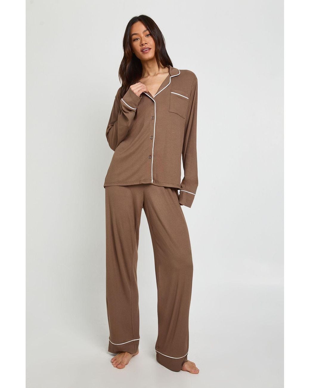 Boohoo Brown Tall Soft Rib Long Sleeve Shirt & Trouser Pj Set