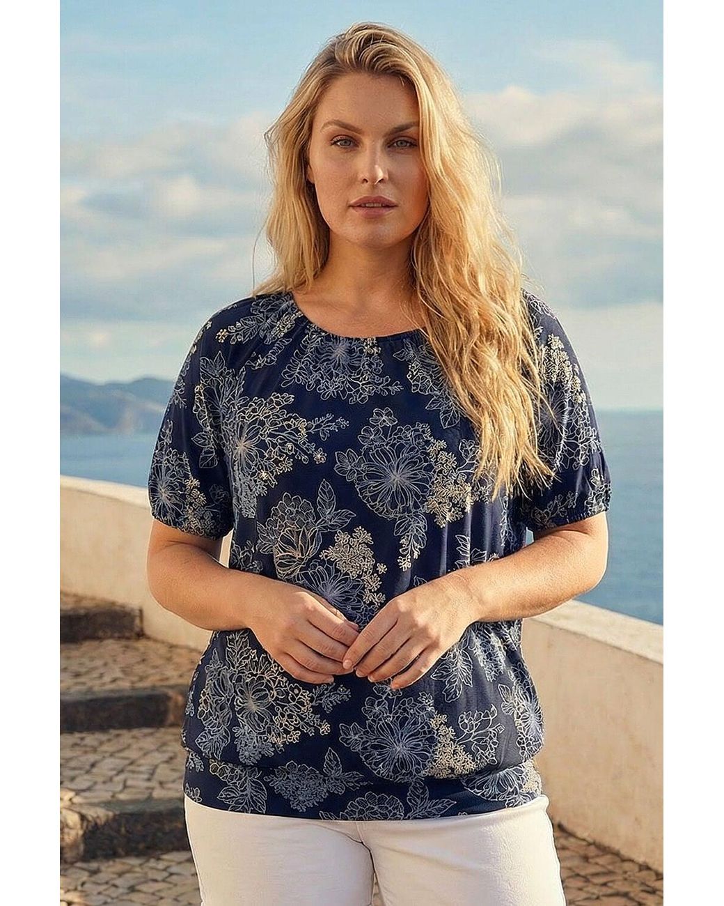 Roman Blue Curve Floral Bardot Top