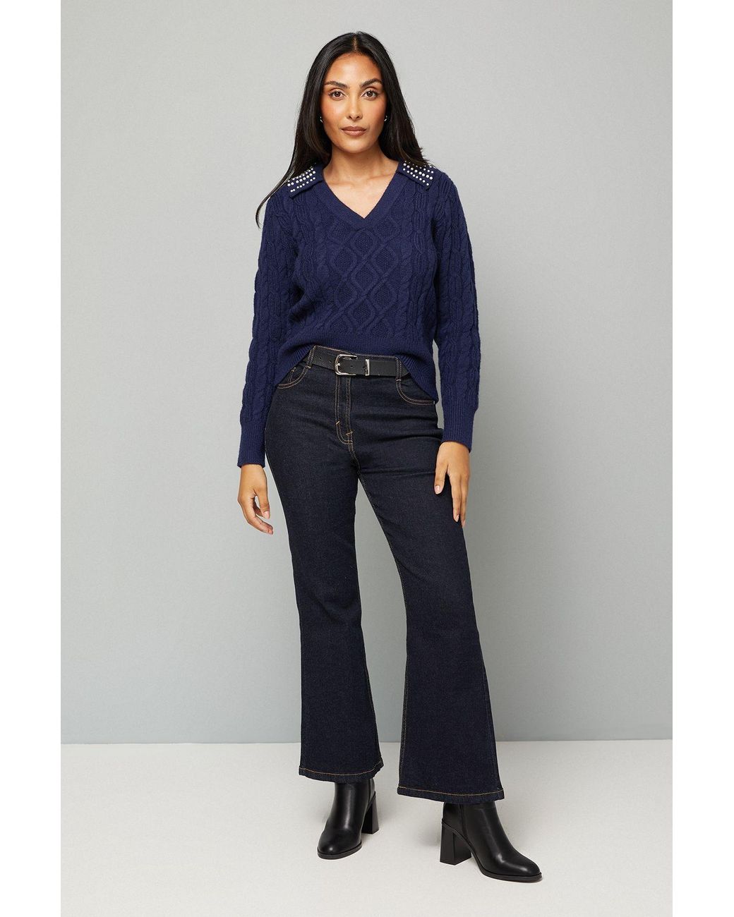 Wallis Blue Petite Cable Embellished Polo Collar Jumper