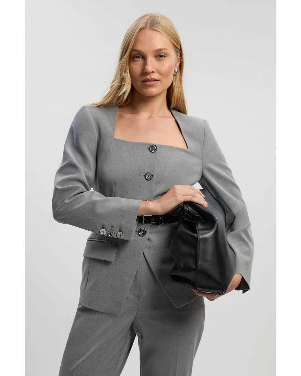 Karen Millen Gray Petite Tailored Marl Belted Square Neck Blazer