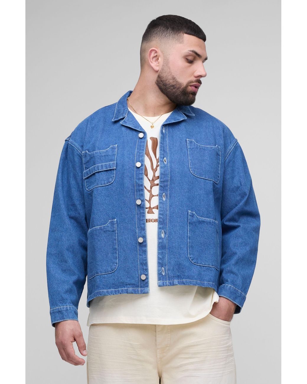 BoohooMAN Blue Plus Oversized Boxy Carpenter Pocket Denim Shirt for men