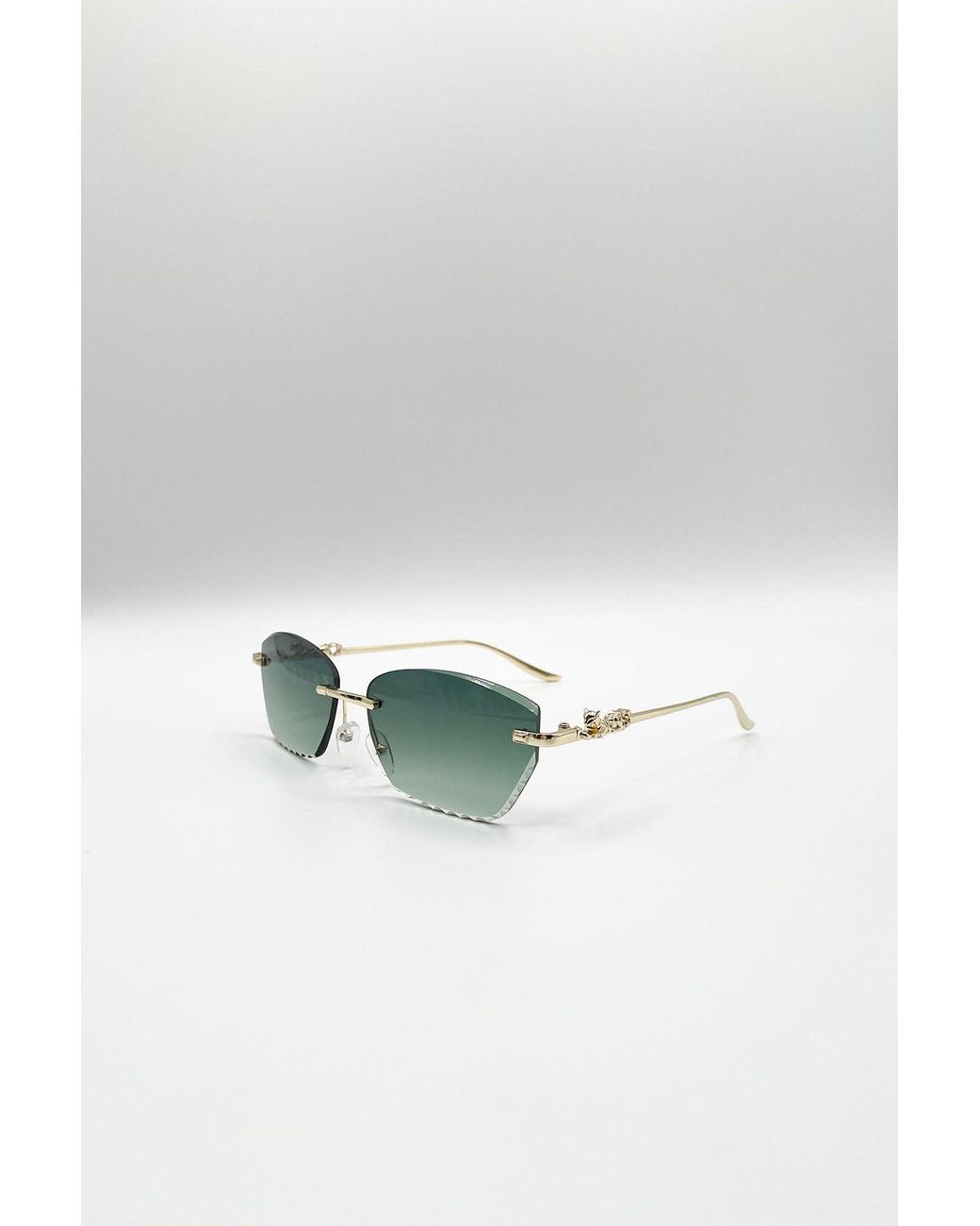 SVNX Green Cat Eye Rimless Sunglasses