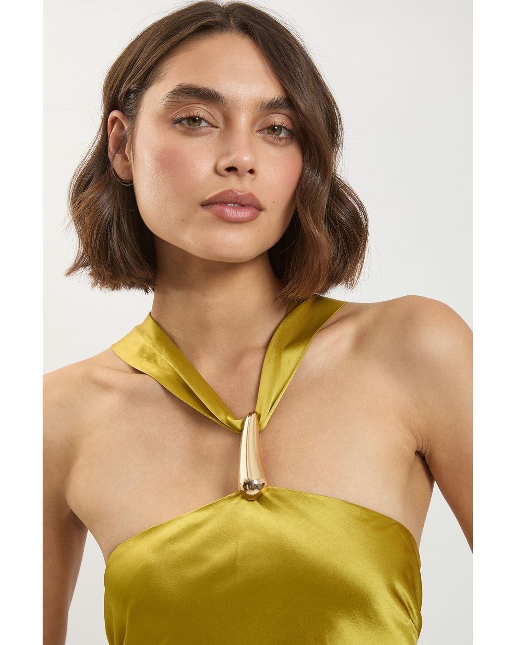 Karen Millen Yellow Viscose Satin Halter Neck Maxi Dress