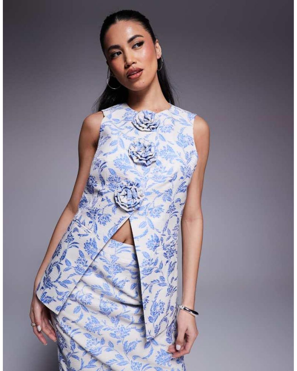 ASOS Blue Co-Ord Jacquard Waist Coat With 3D Flowers