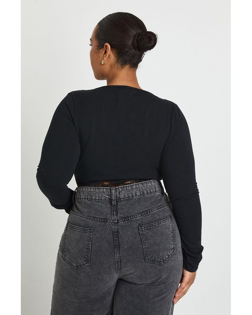 Boohoo Black Plus Cotton Lace Trim Long Sleeve Bodysuit