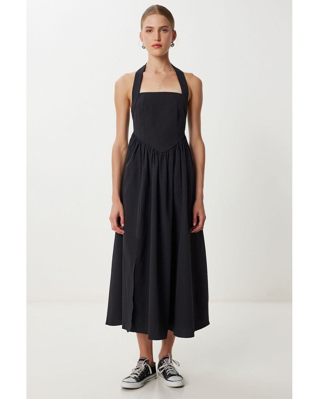 Happiness İstanbul Black Slim Fit Midi Dress With Square Collar