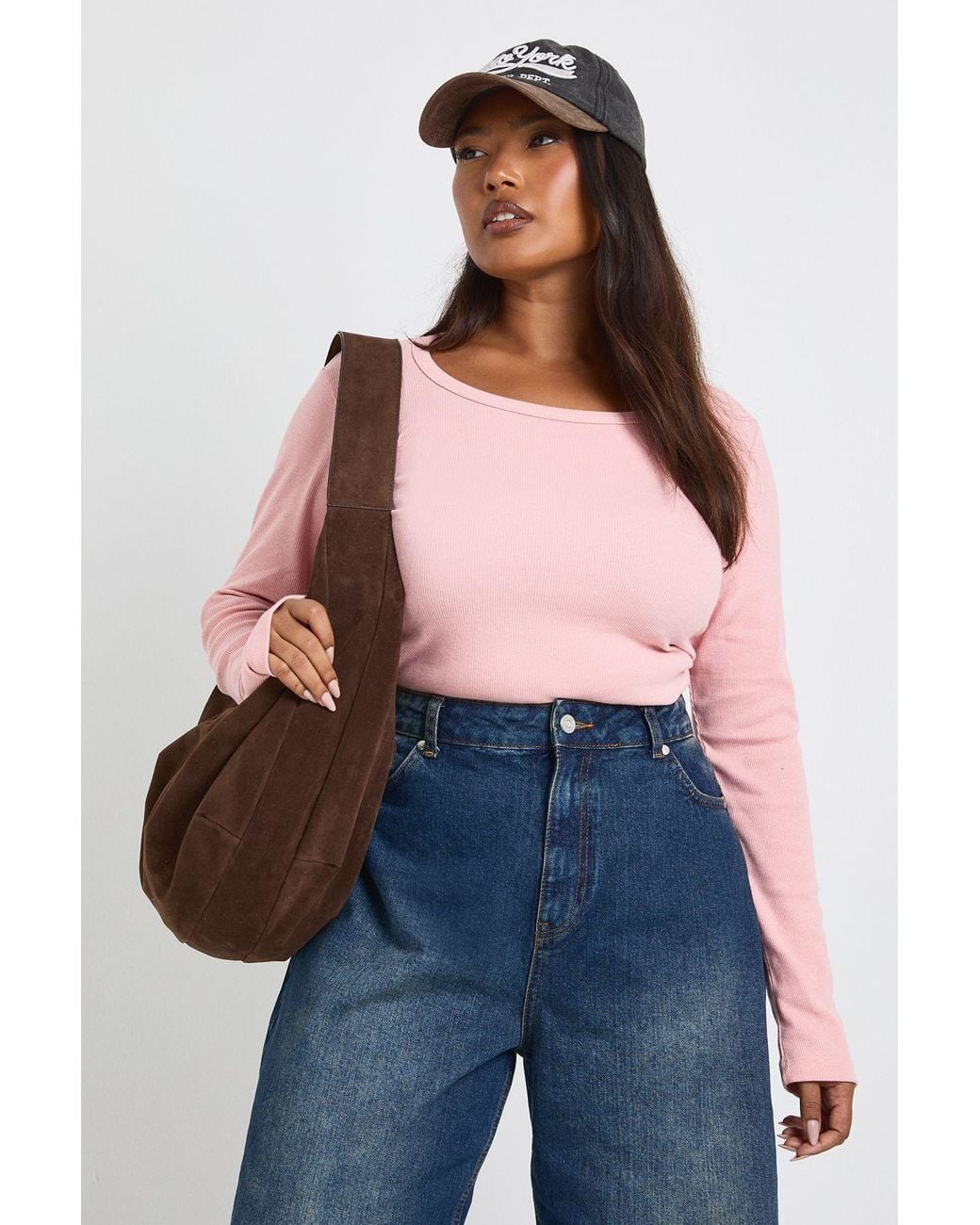 Boohoo Blue Plus Basic Rib Scoop Neck Longline Long Sleeve Fitted Top