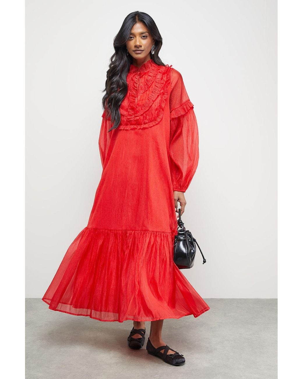knee length dresses for ladies Ruffled Sleeve Crinkle Midi Dress main image 0