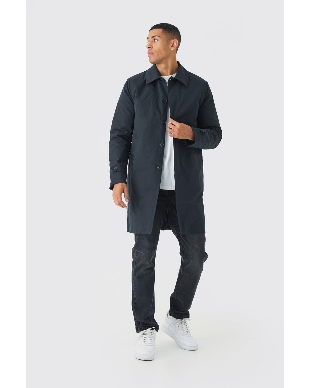 BoohooMAN Blue Quilted Padded Longline Raincoat Jacket for men