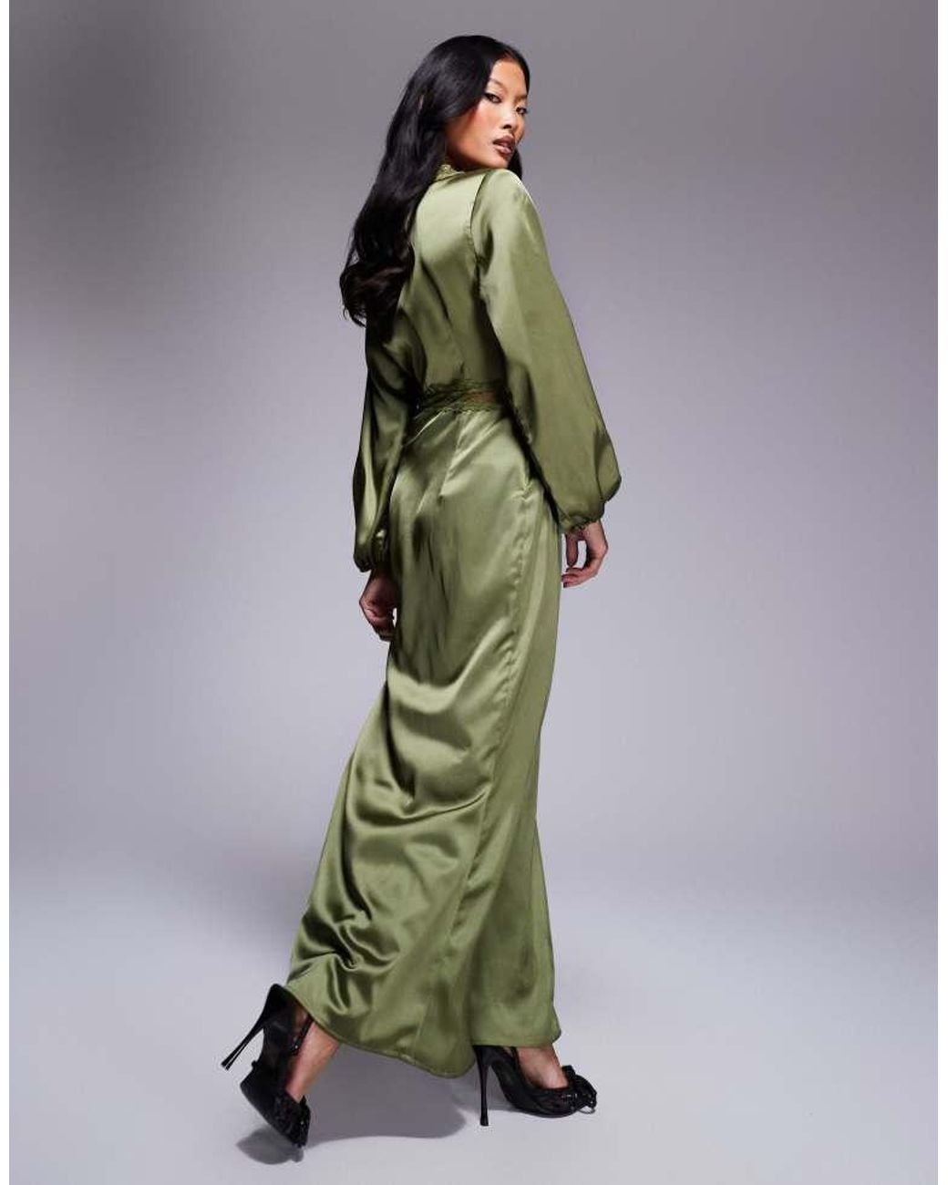 Never Fully Dressed Green Petite Mimi Long Sleeve Lace Cut-Out Slip Maxi Dress