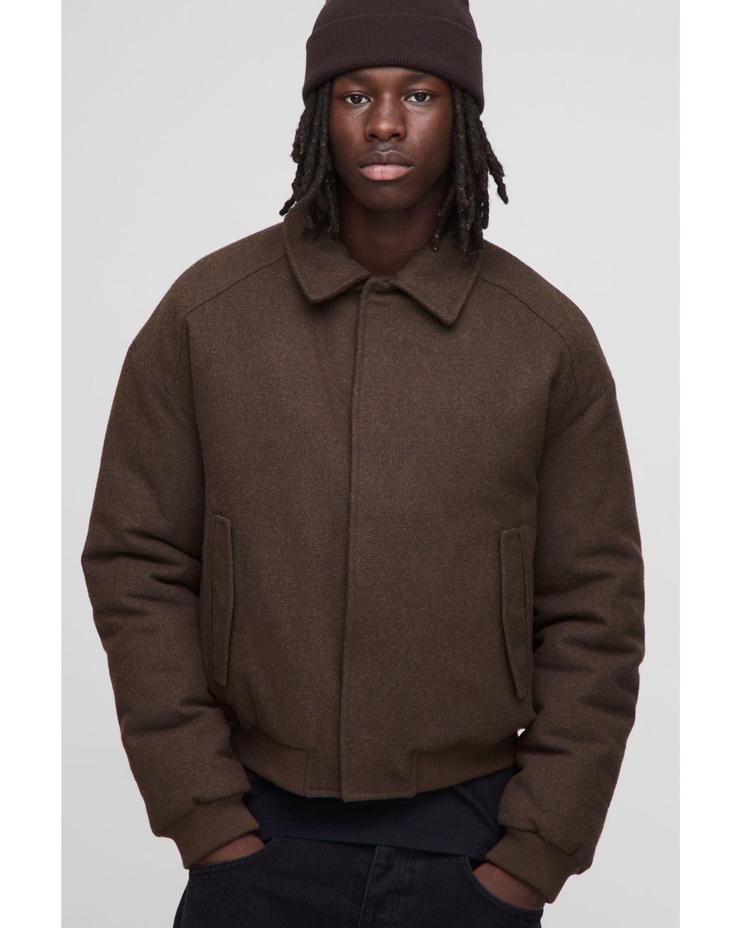 BoohooMAN Brown Regular Fit Melton Mono Padded Collared Bomber Jacket for men