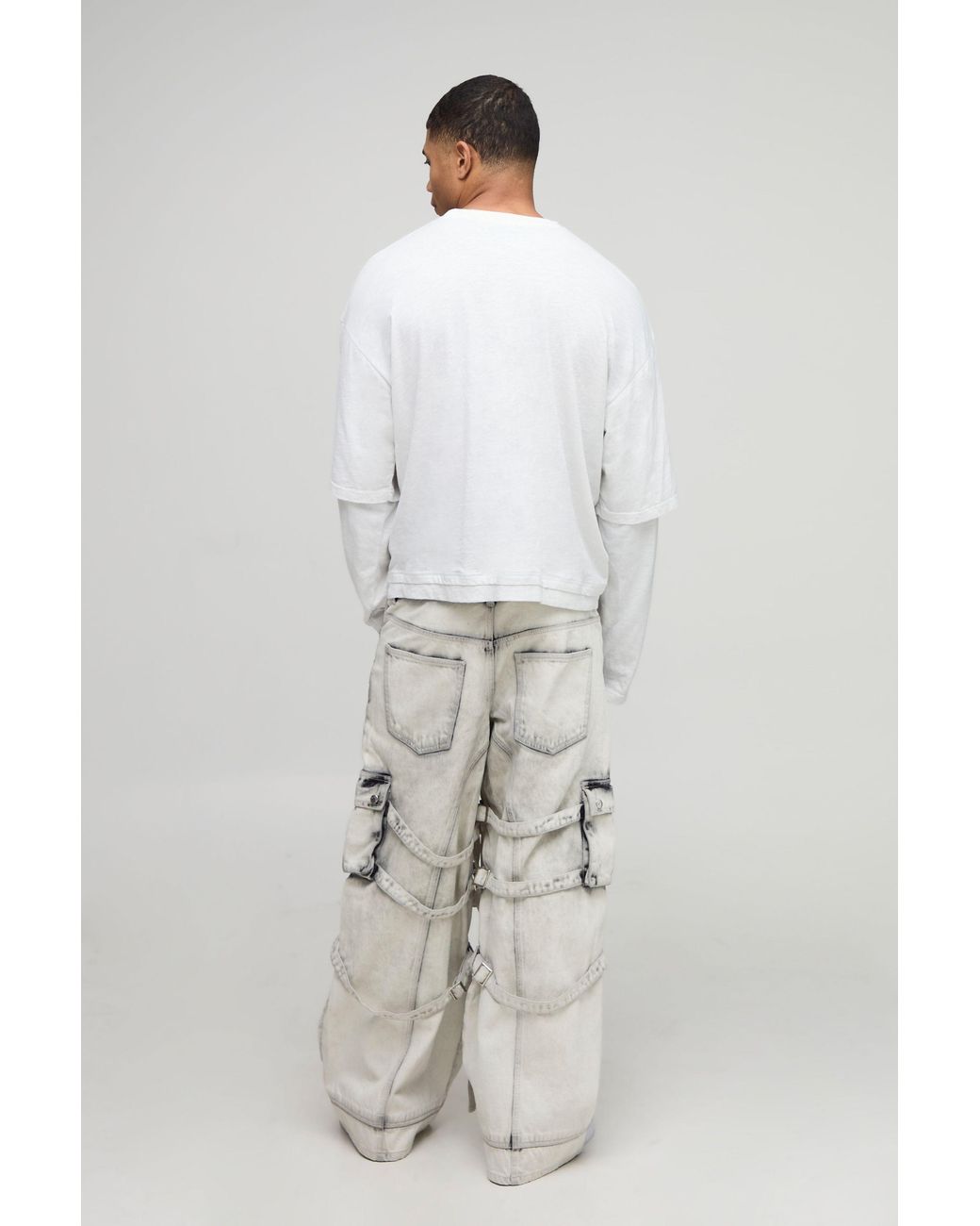 BoohooMAN Gray Super Baggy Extreme Washed Multi Cargo Jeans for men