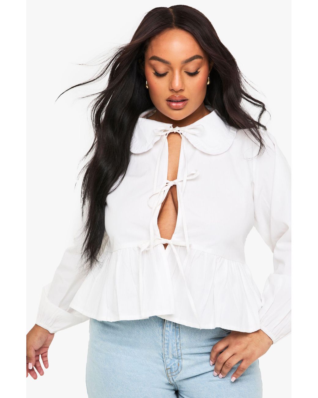 Boohoo White Plus Cotton Collar Tie Front Blouse