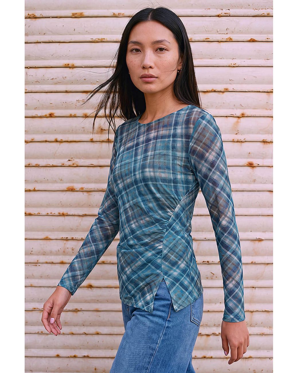 Roman Blue Check Mesh Print Gathered Top