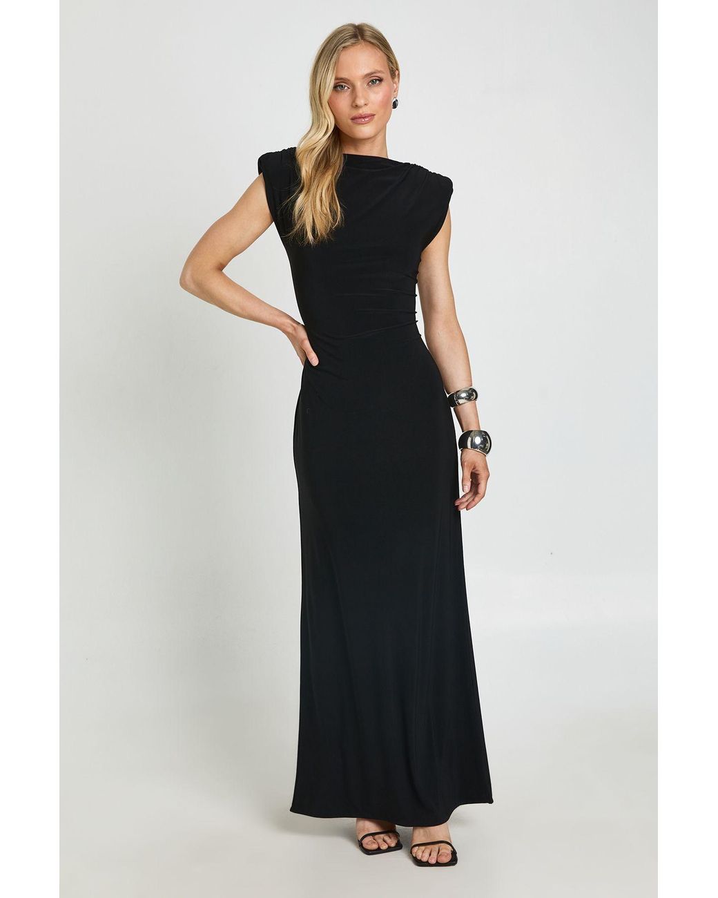 Boohoo Black Petite Shoulder Pad Backless Drop Waist Maxi Dress