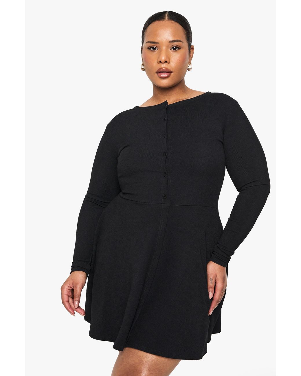 Boohoo Black Plus Rib Button Down Mini Skater Dress