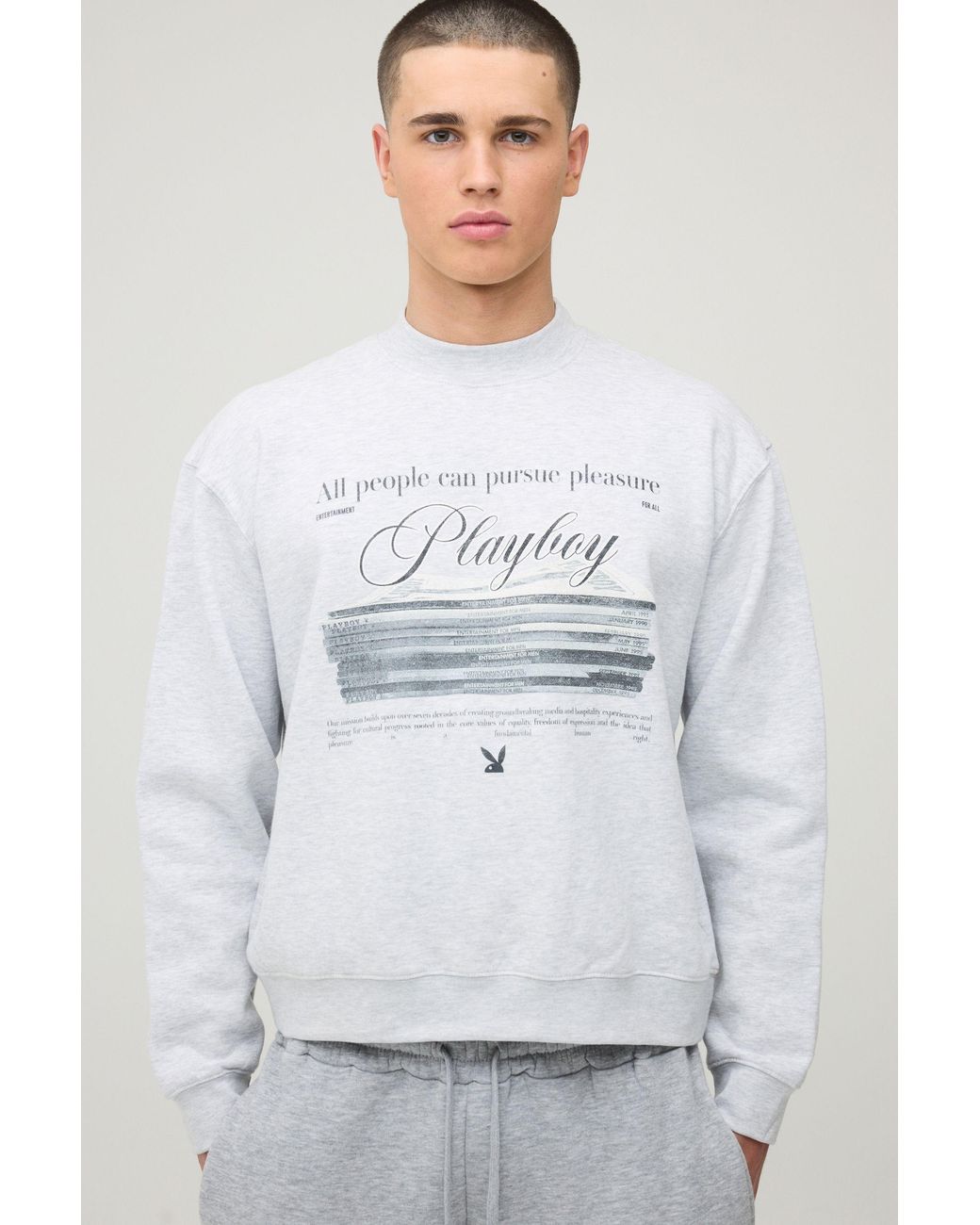 BoohooMAN White Oversized Playboy Magazine Printed License Sweatshirt for men
