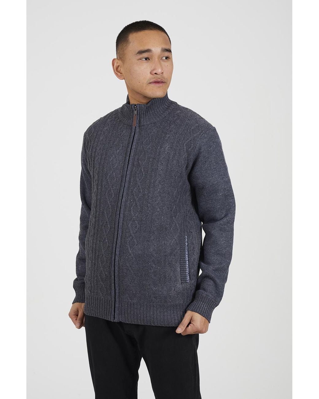 Brave Soul Blue Funnel Neck Waffle Knit Zip Through Cardigan for men