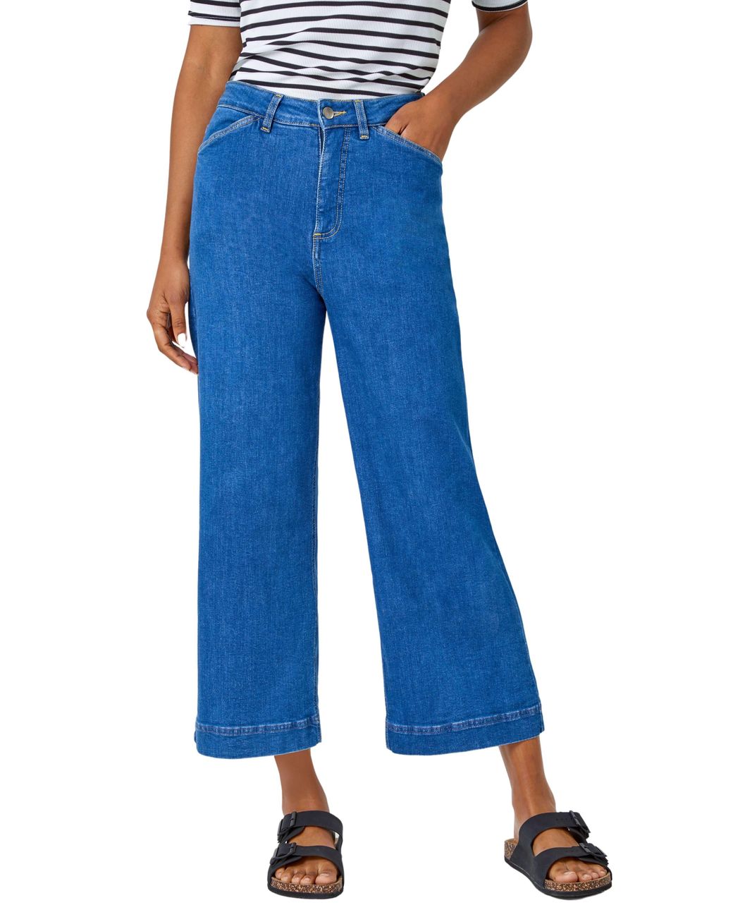 Roman Blue Wide Leg Stretch Denim Cropped Culottes