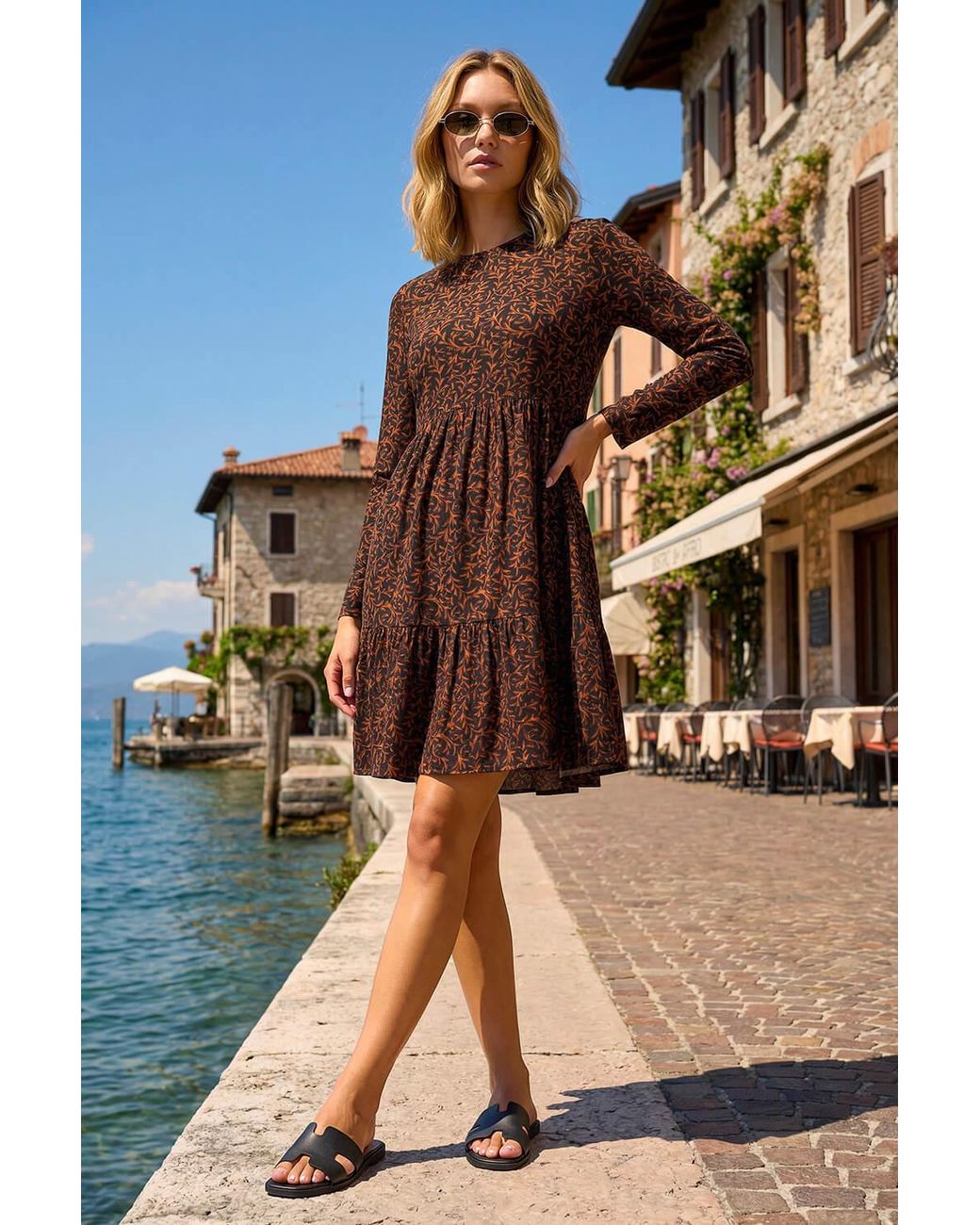 Roman Brown Leaf Print Stretch Dress