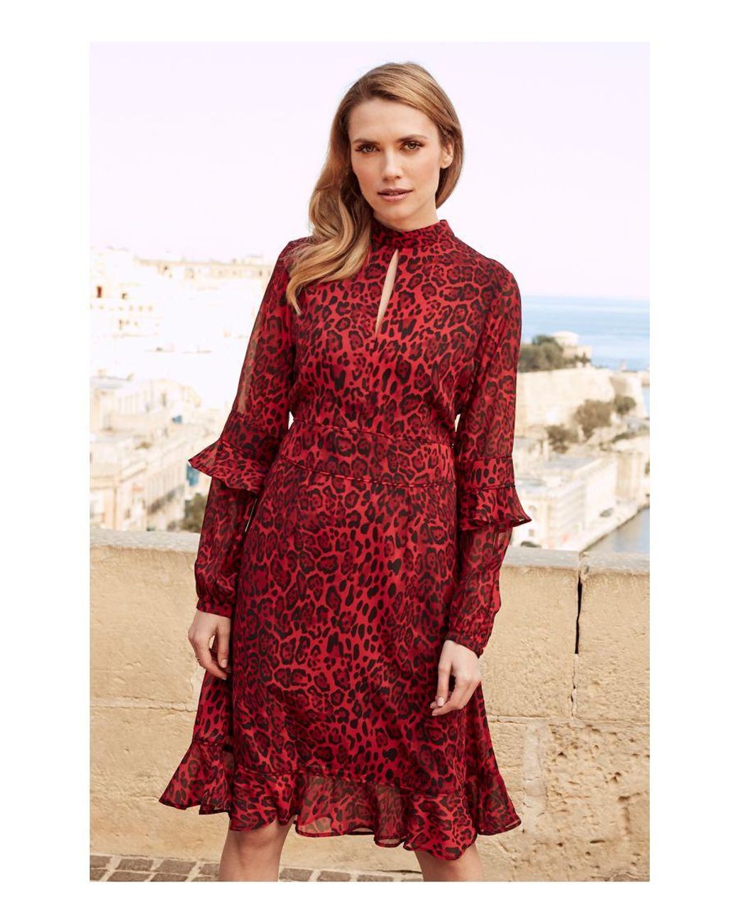 Sosandar Red Leopard Print Fit & Flare Ruffle Dress