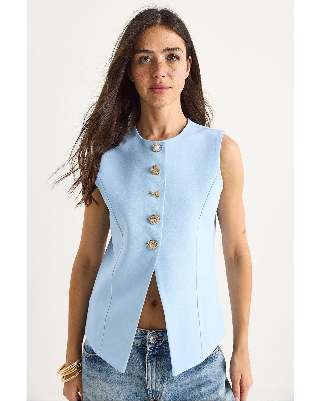 Bianco Lucci Blue Fitted Sleeveless Button-Front Waistcoat With Crew Neck