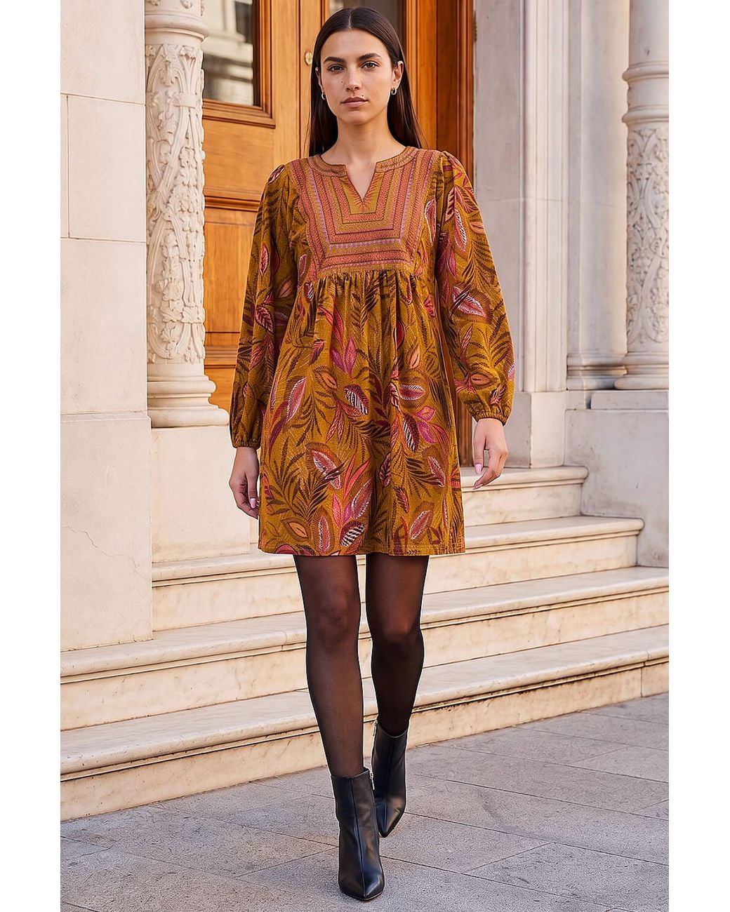 Roman Brown Leaf Embroidered Panel Dress