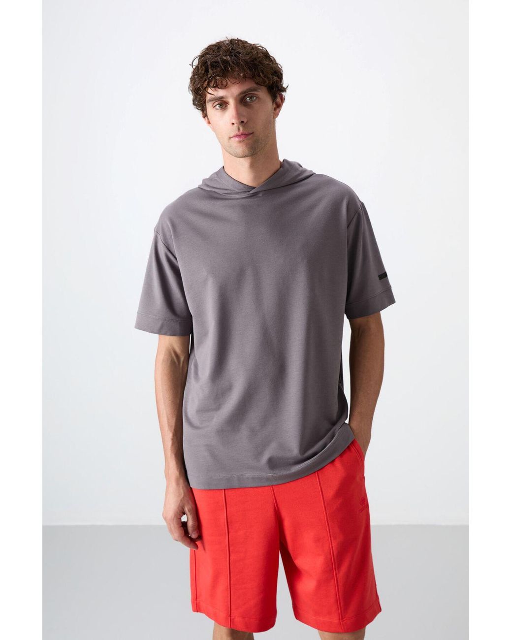 TOMMY LIFE Red Oversized Hooded Short-Sleeve T-Shirt for men