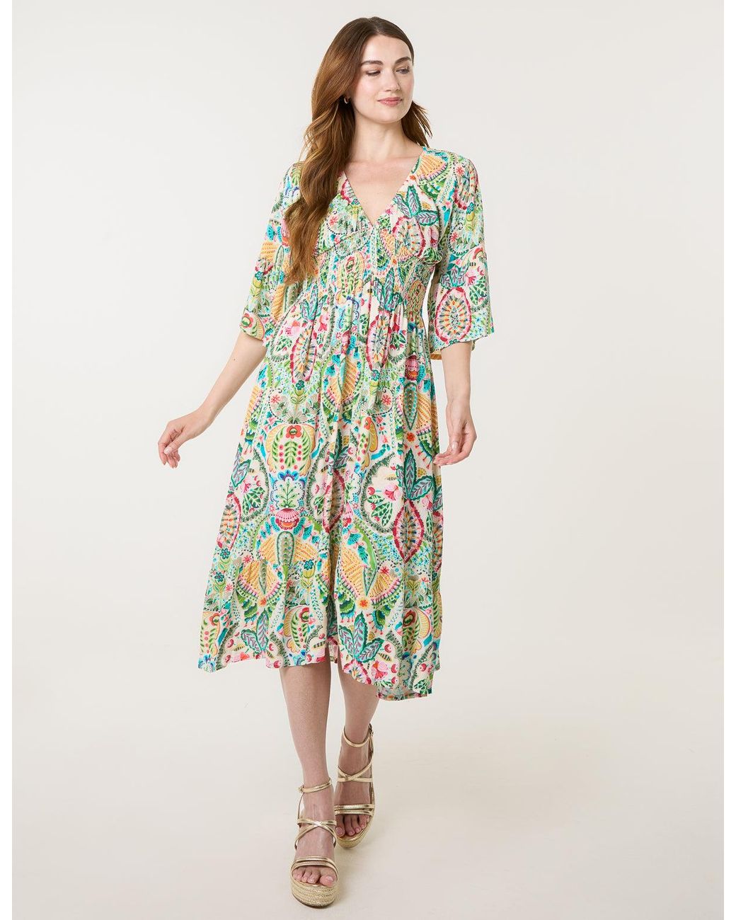 Blue Vanilla Green V Neck Paisley Print Midi Dress