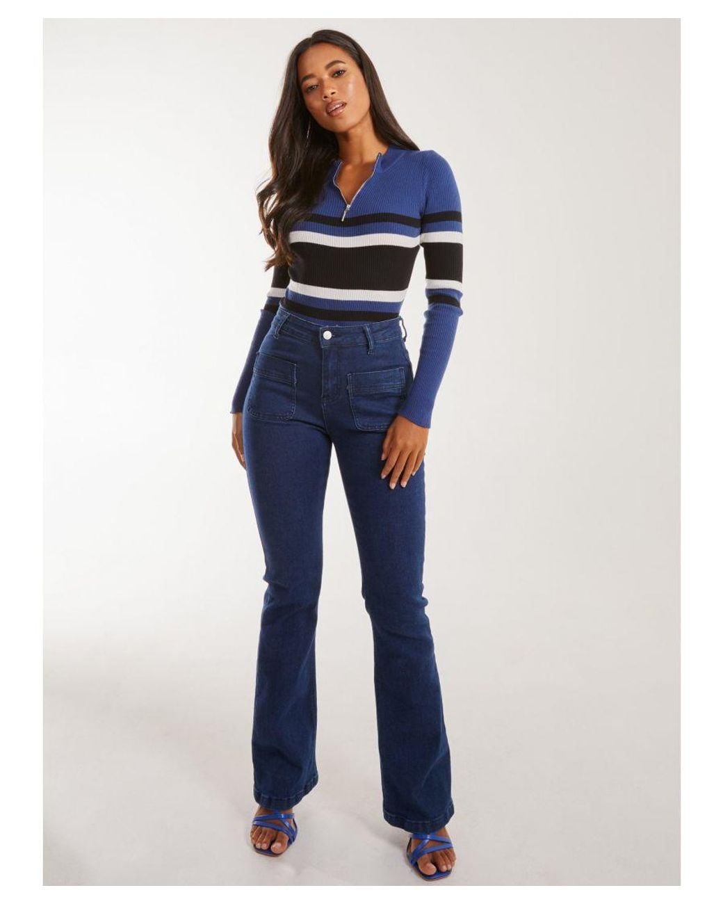 Pink Vanilla Blue Zip Up Striped Knit Top