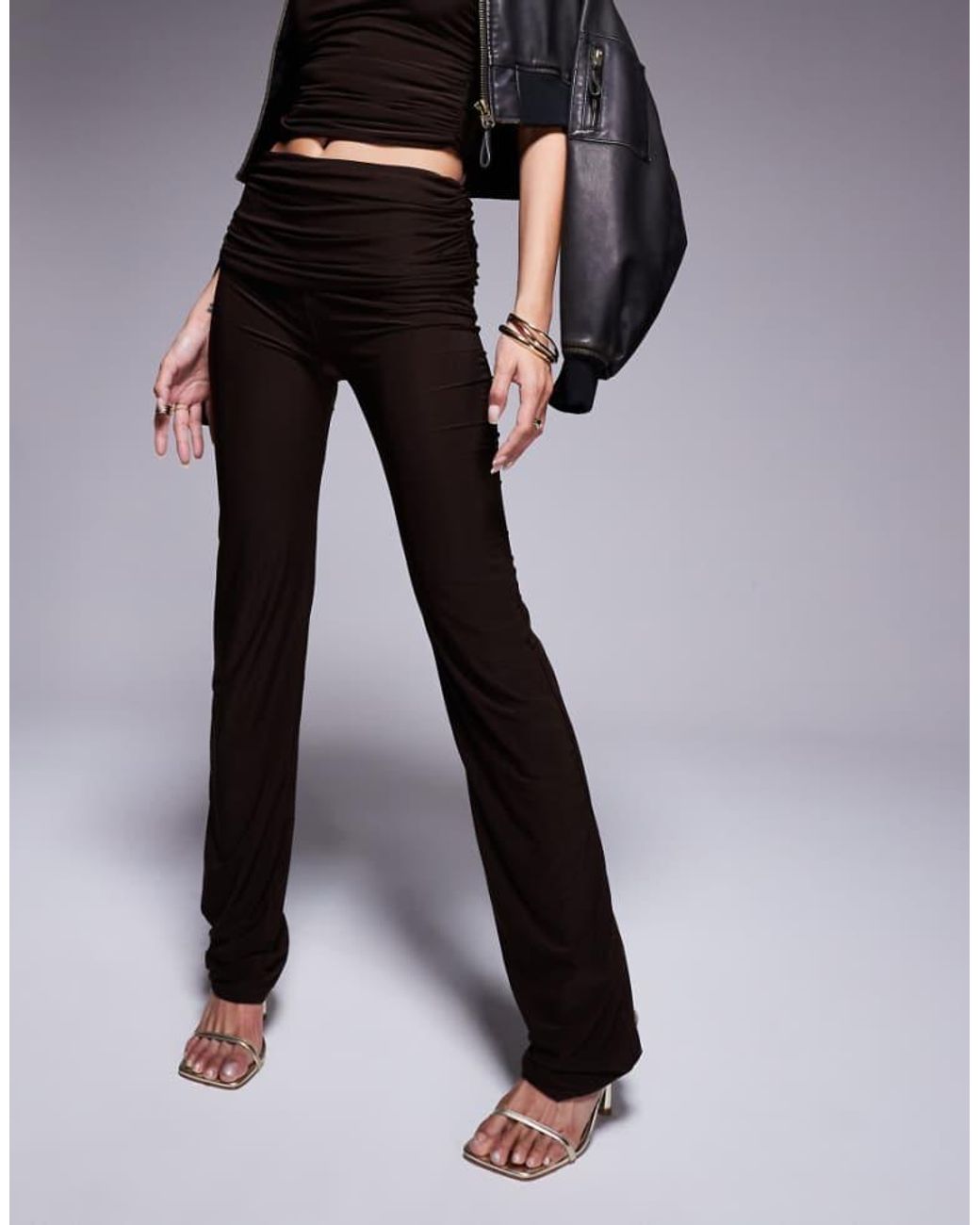 Kaiia Black Exclusive Double Layered Slinky Folded Waist Flared Trousers Co-Ord