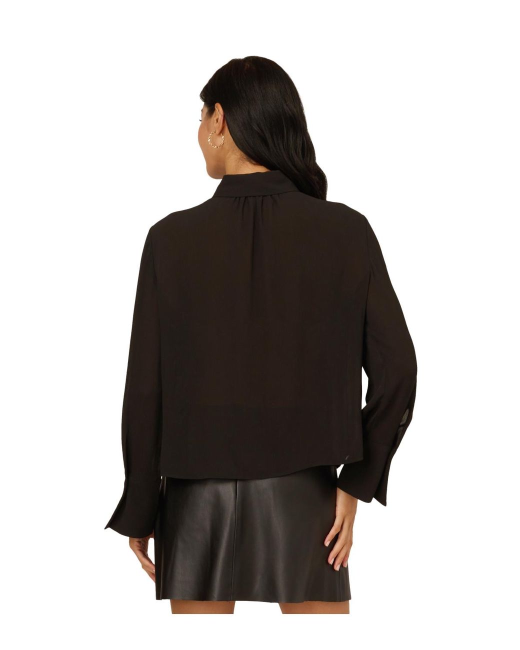 Adrianna Papell Black Polo Collar Ruffle Front Yoryu Long Sleeve Woven Blouse