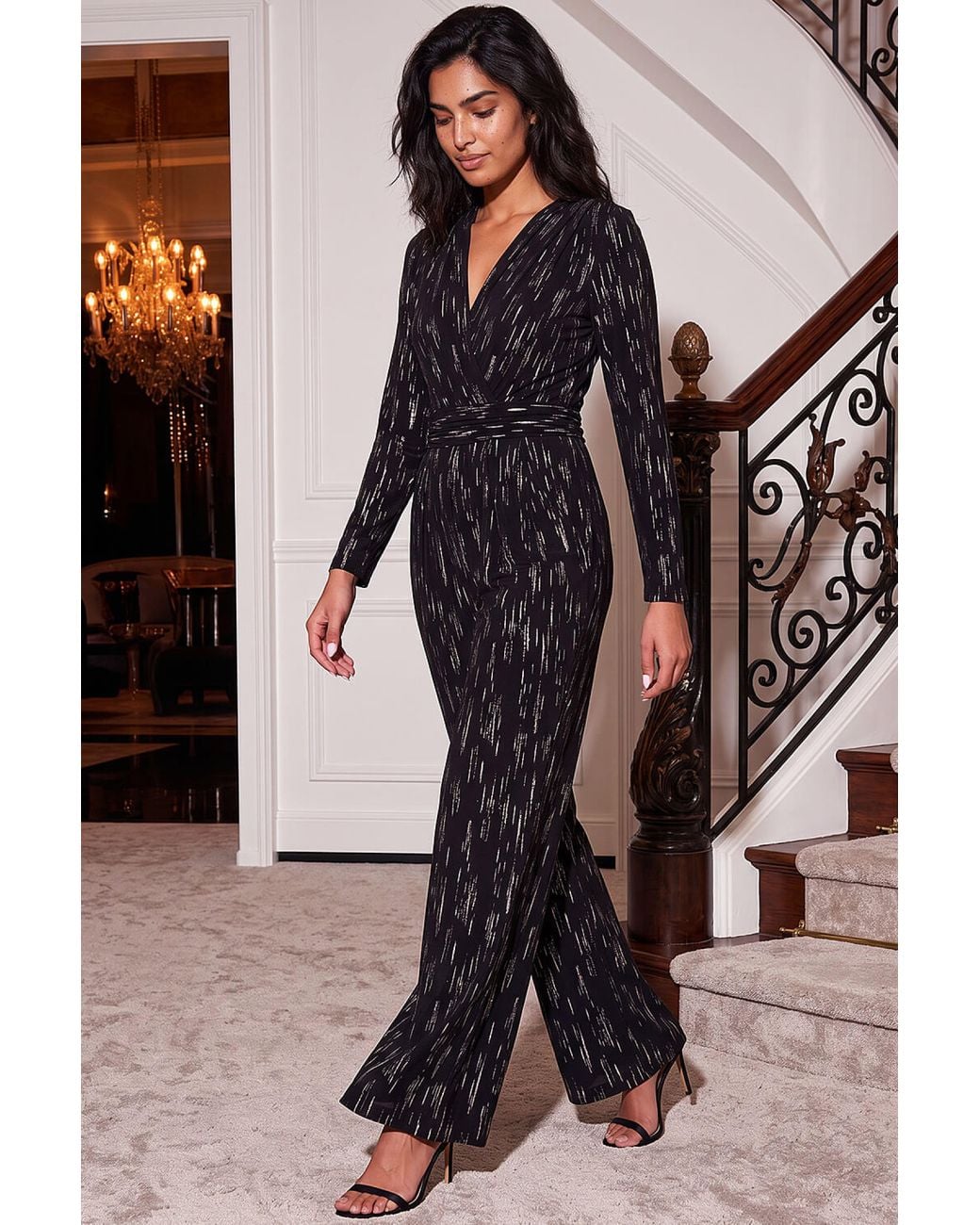 Roman Black Foil Print Wrap Jumpsuit