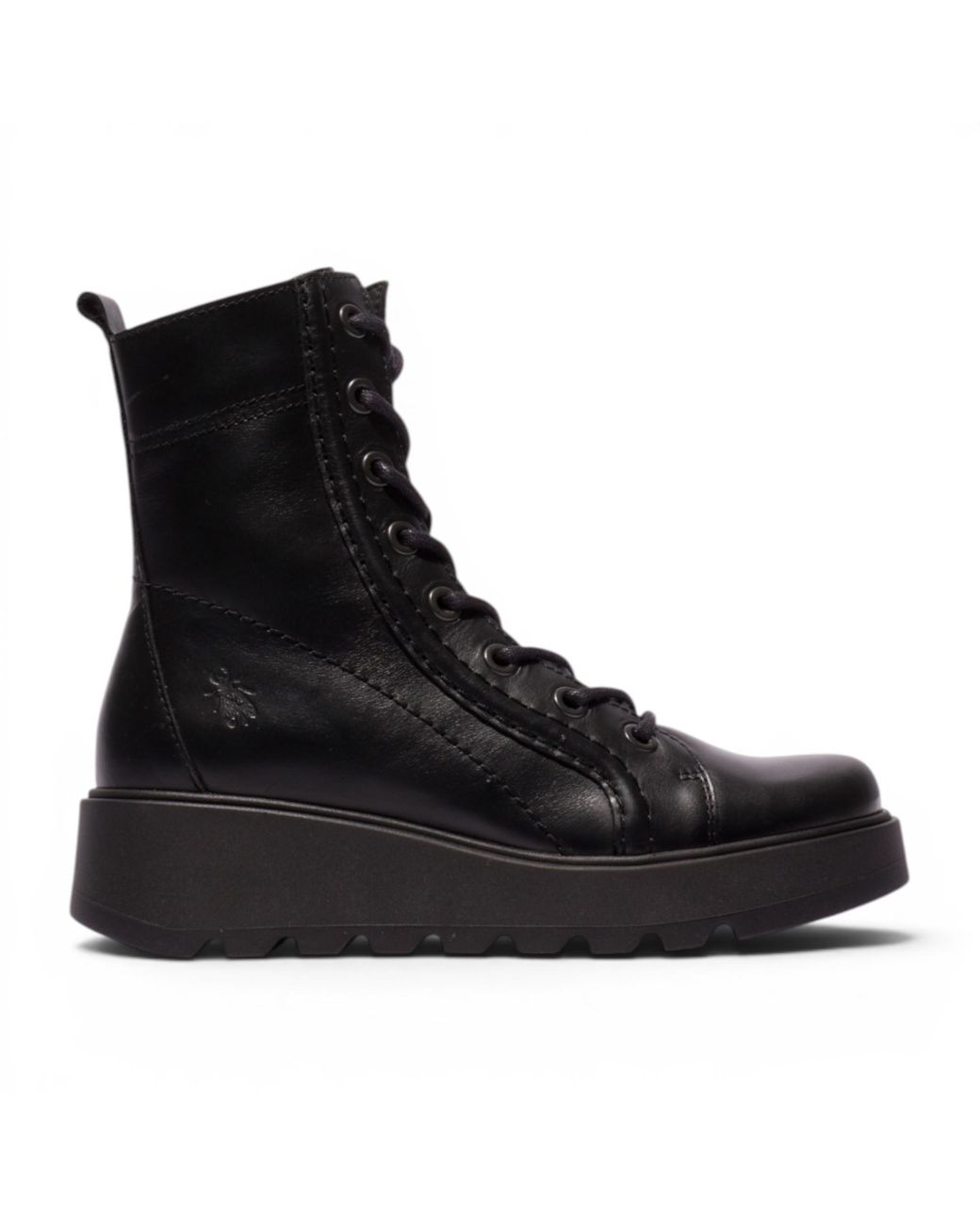 Fly London Black Leather Lace-Up Wedge Heel Combat Boots