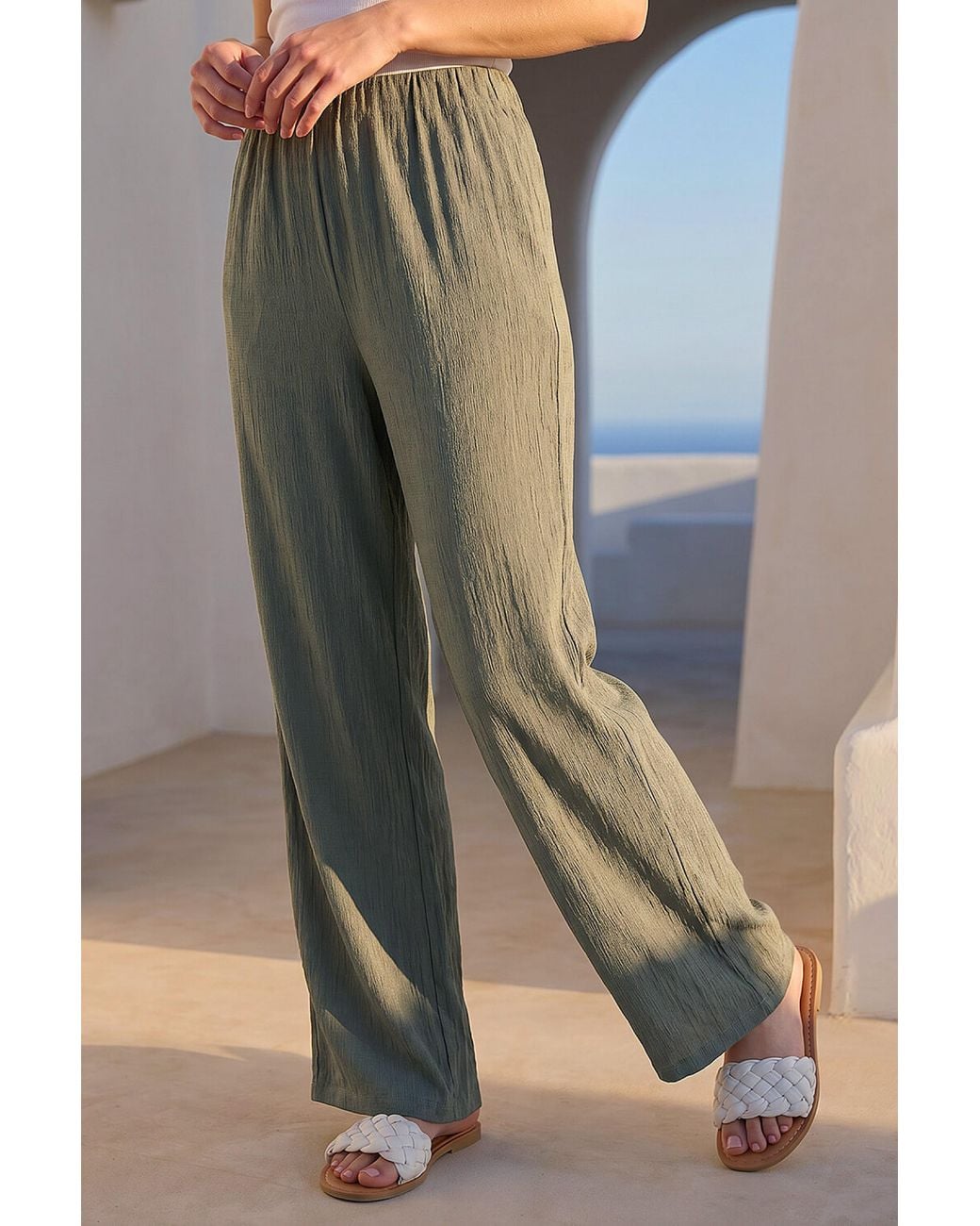 Roman Green Petite Wide Leg Textured Trouser