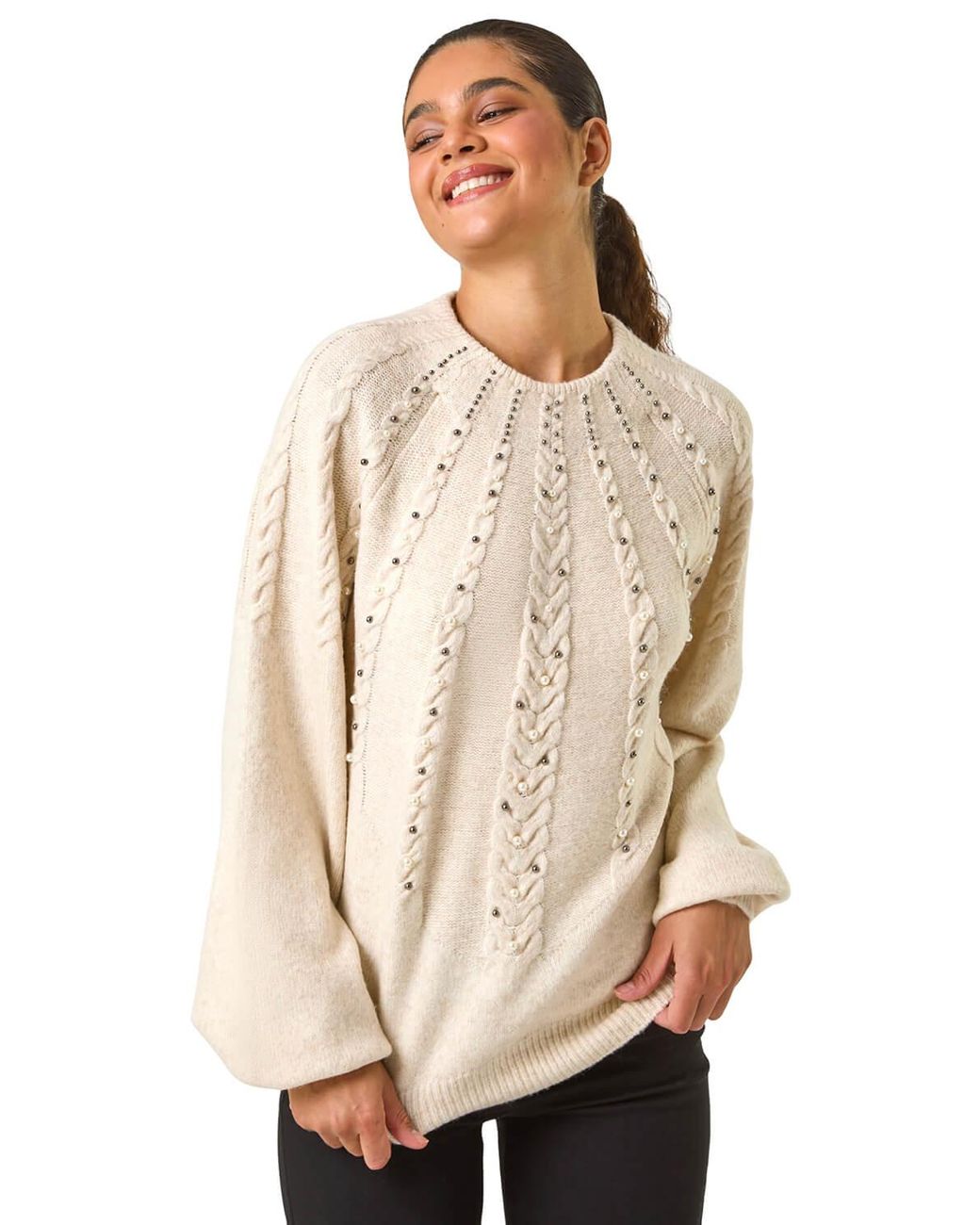 Roman Natural Graduated Faux Pearl Cable Knit Jumper