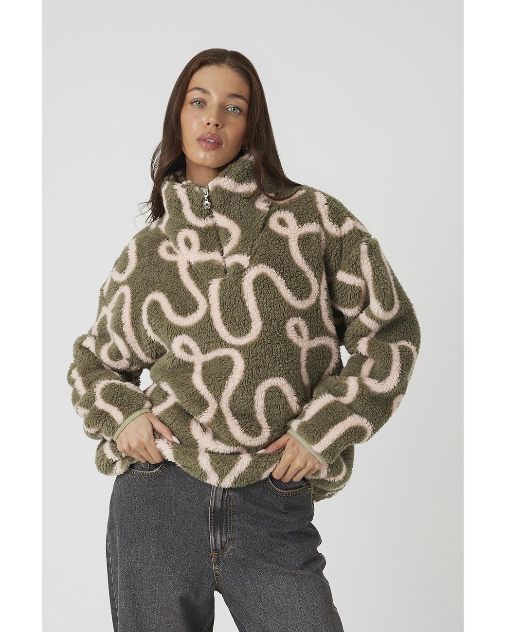 Brave Soul Gray Sherpa Fleece Squiggle Print Sweatshirt