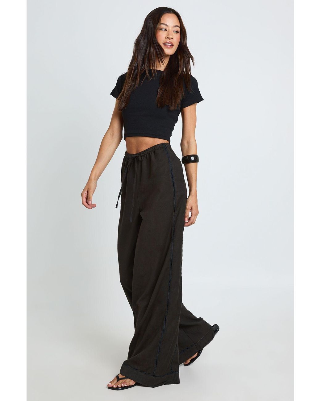 Boohoo Black Tall Linen Ladder Insert Boxy Top And Wide Leg Trouser Co-Ord
