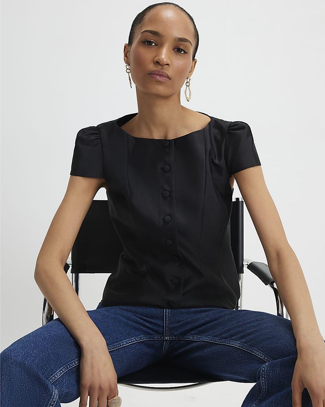 River Island Blue Top Button Puff Sleeve