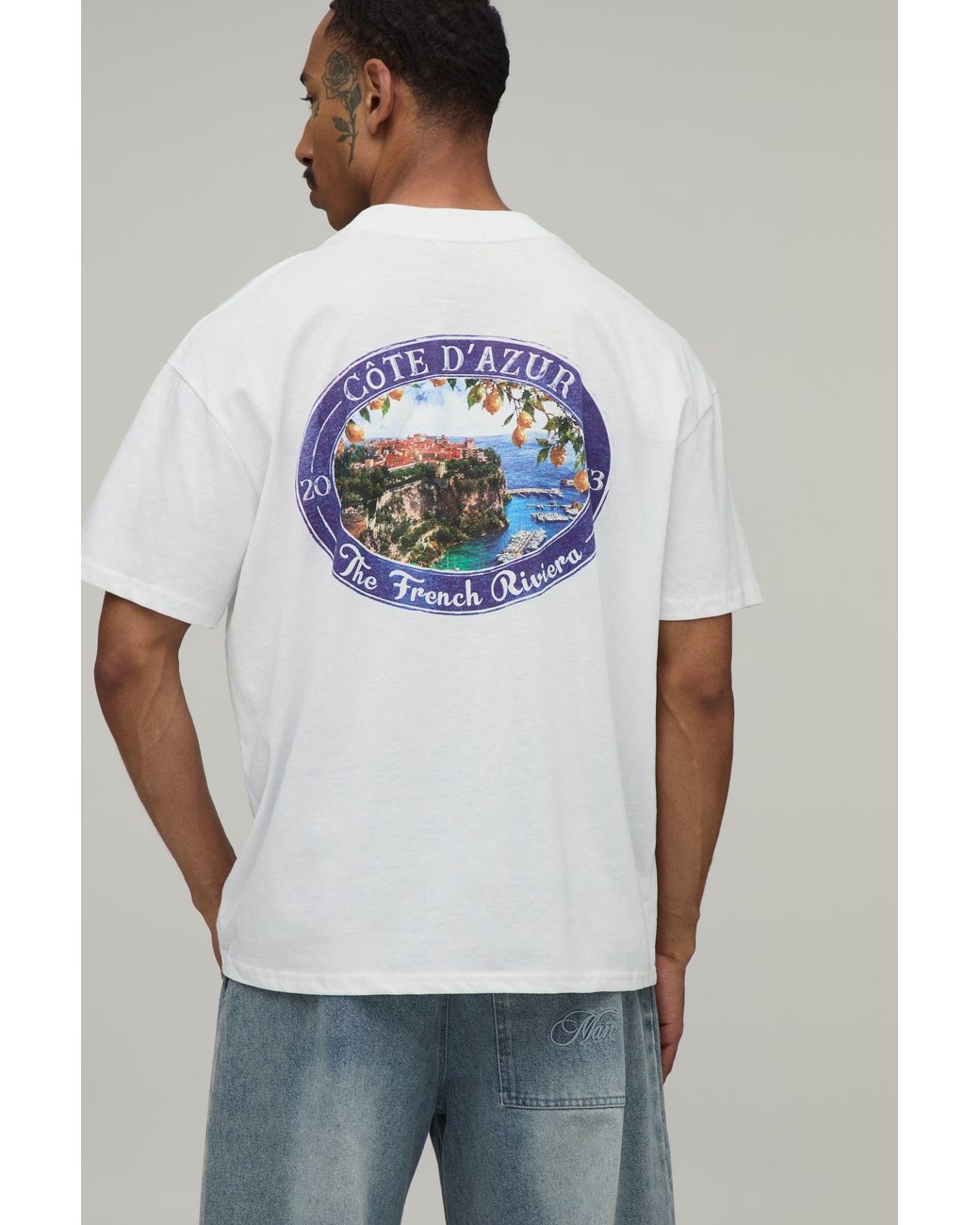 BoohooMAN Gray Oversized French Riviera Oval Print T-Shirt for men
