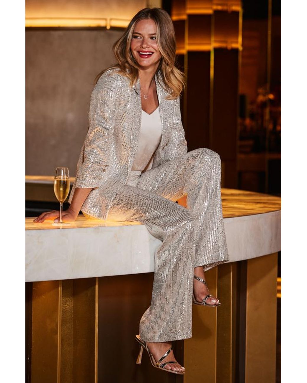 Sosandar Petite Champagne Sequin Wide Leg Trousers Metallic