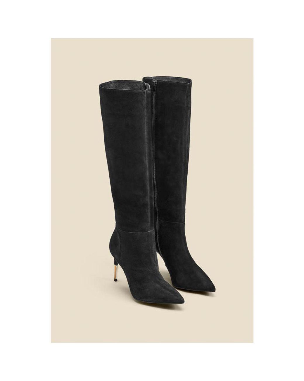 Sosandar Black Suede Knee High Boot With Heel Detail