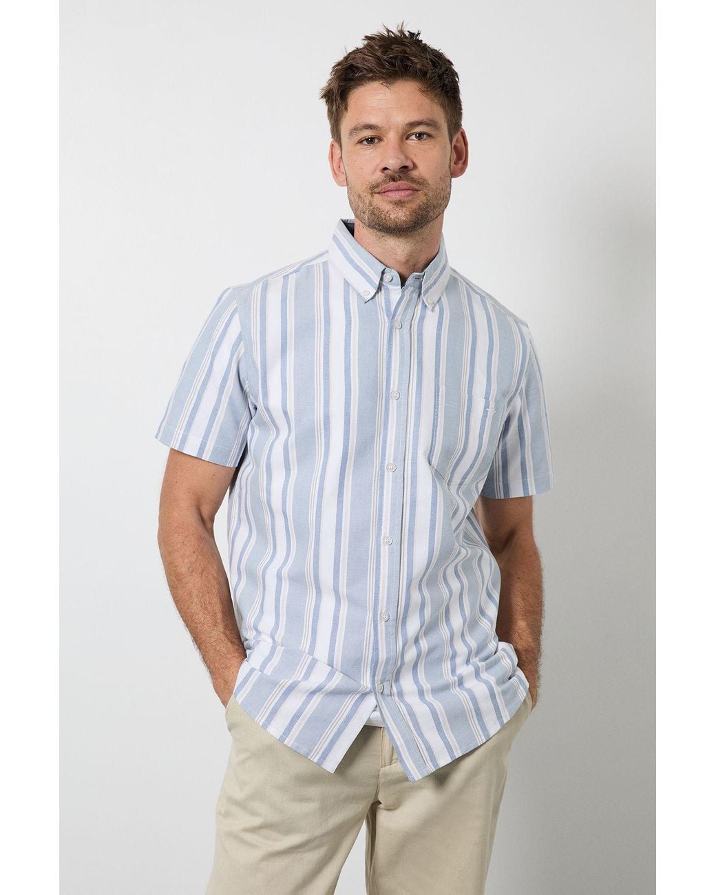 MAINE White Multi Stripe Short Sleeve Shirt Cotton for men