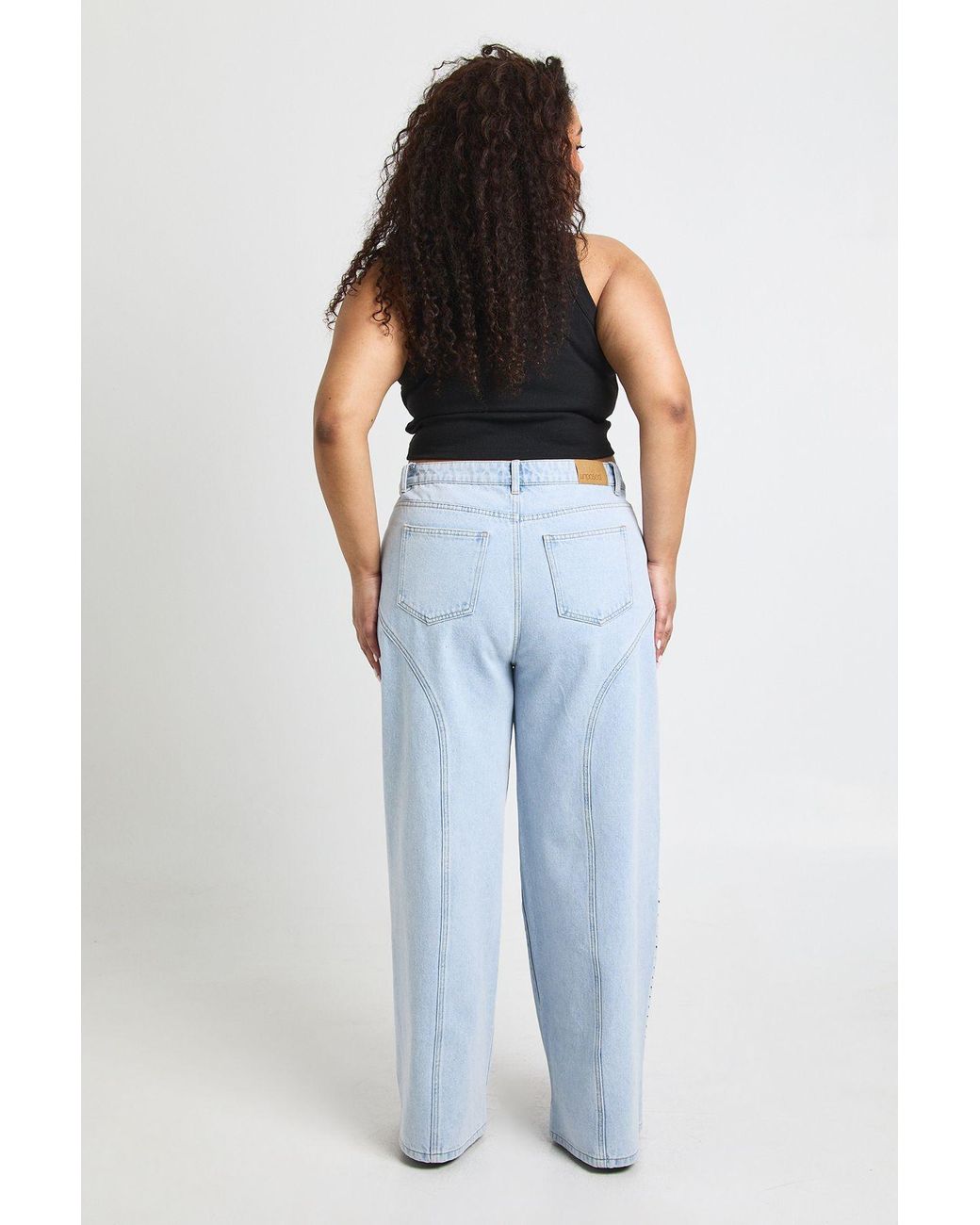 Boohoo Blue Plus High Waist Studded Western Straight Leg Jean
