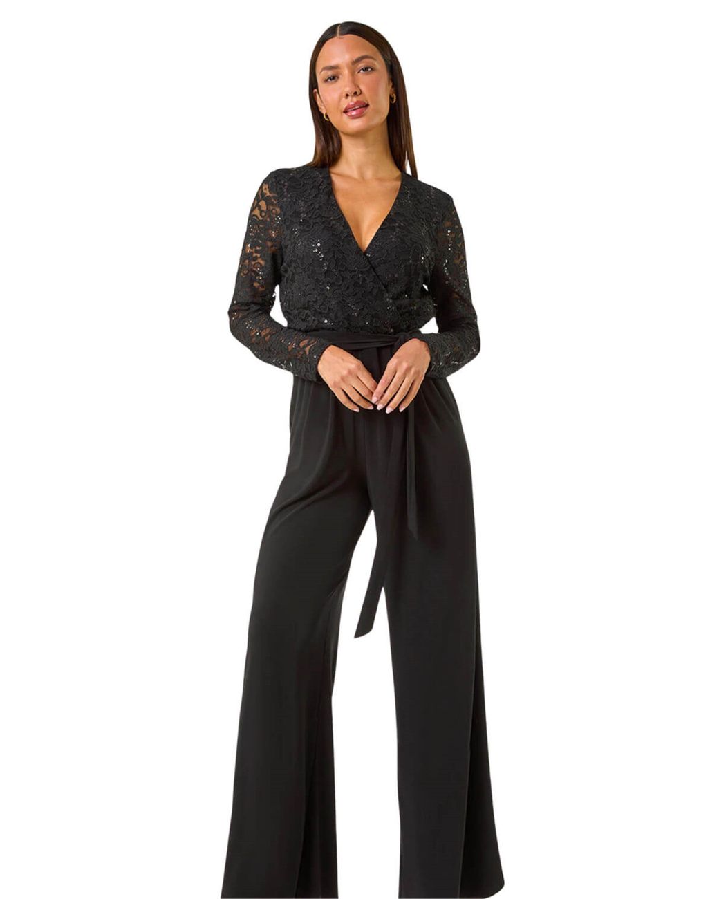 Roman Black Sequin Lace V-Neck Stretch Jumpsuit