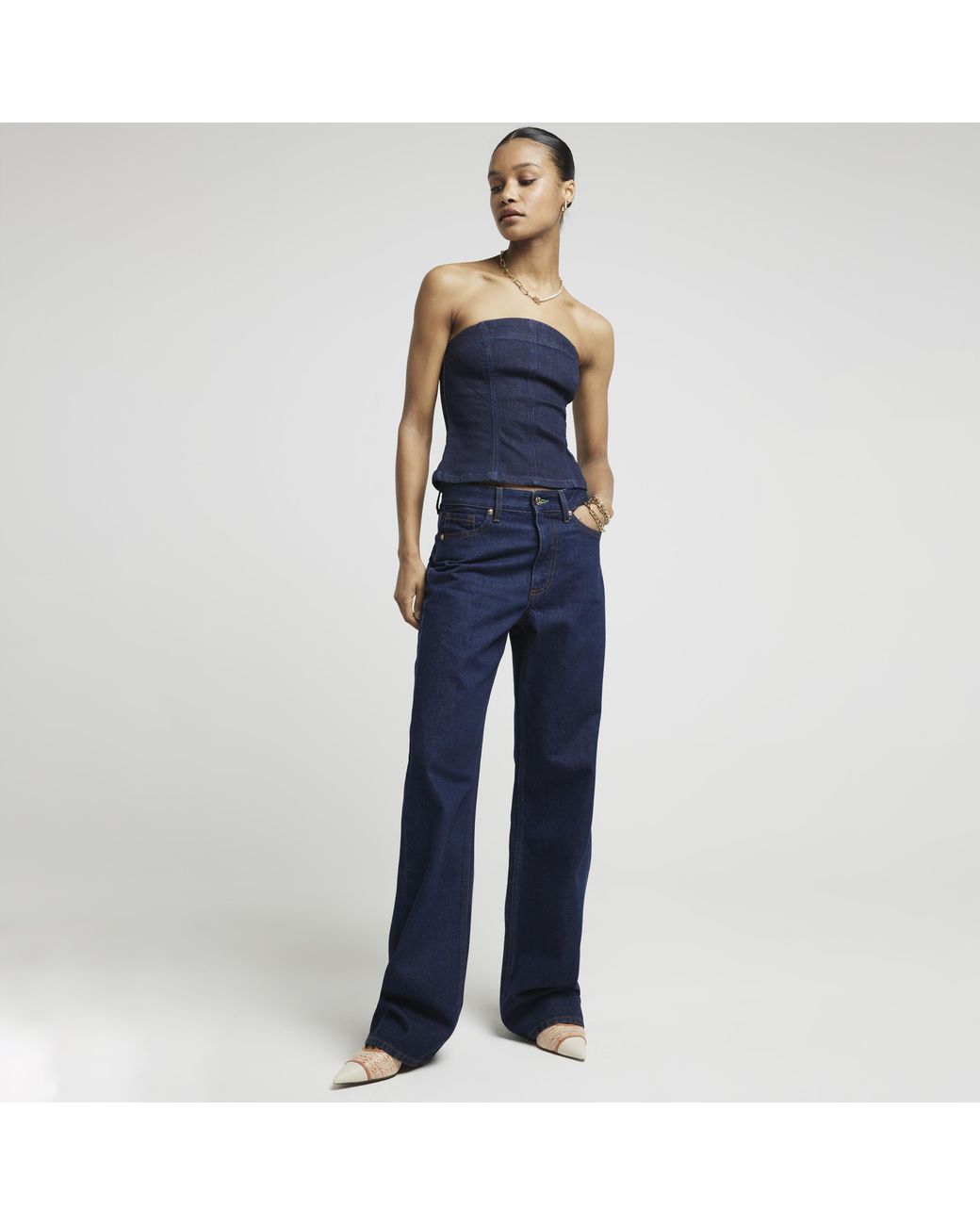River Island Blue Straight Jeans High Waisted Relaxed Cotton