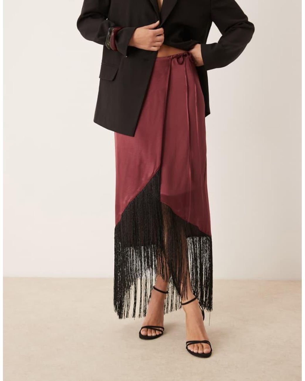ASOS Red Satin Wrap Skirt With Fringe Hem