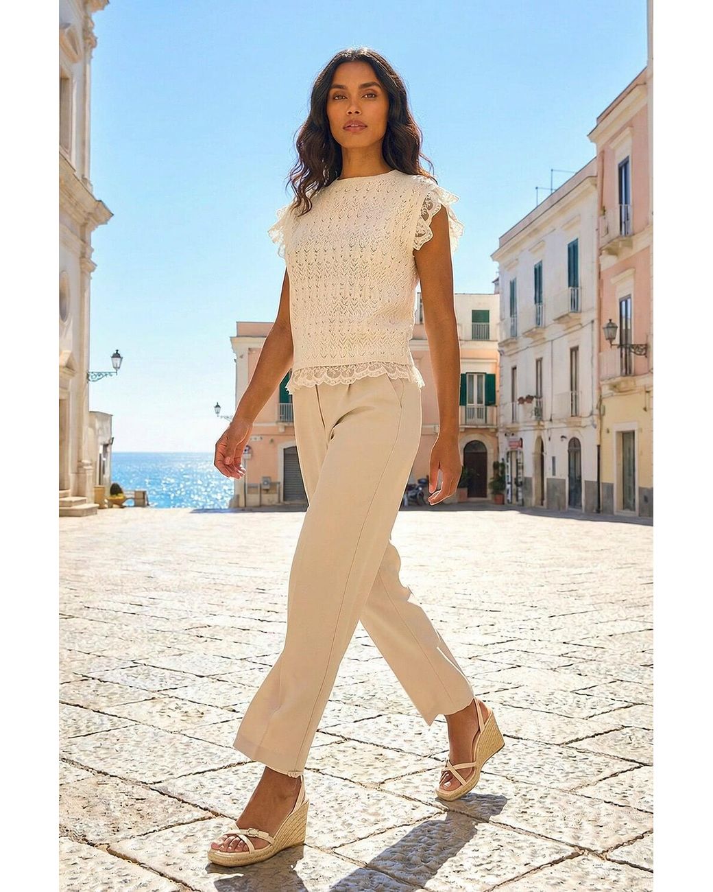 Roman Natural Frill Lace Knitted Top