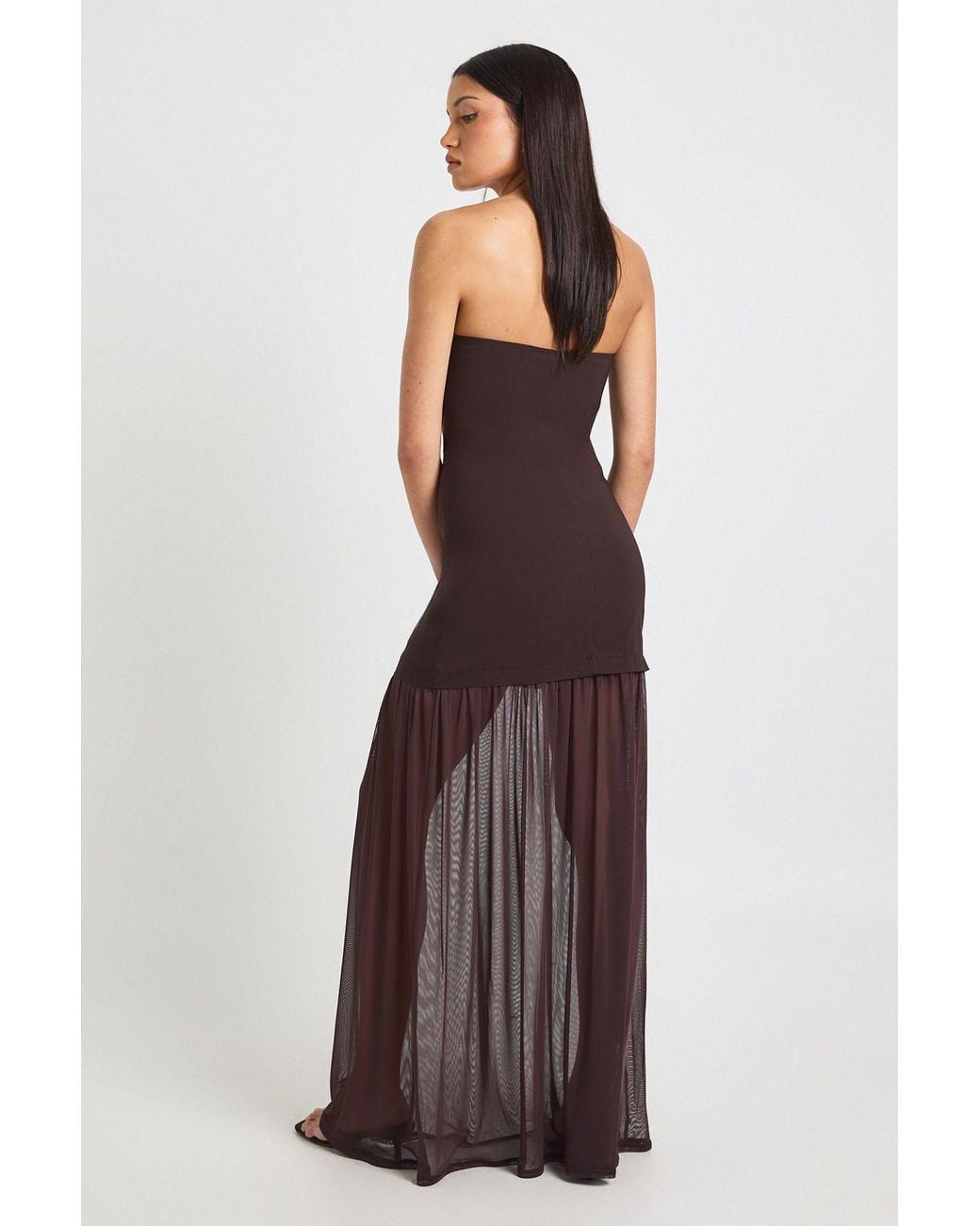 Boohoo Brown Bandeau Sheer Hem Maxi Dress